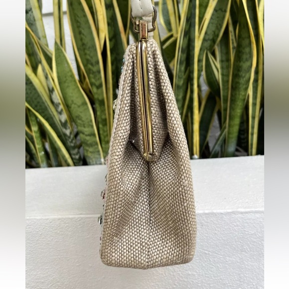 Floral Needlework Embroidery Jeweled Carpet Bag Pink Purple Purse Vintage 60s - Picture 6 of 9